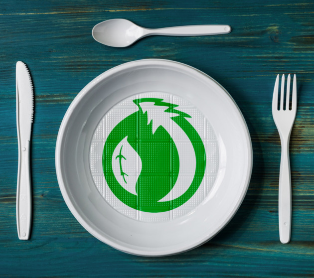 top view of a recyclable plastic dish with environmental green logo